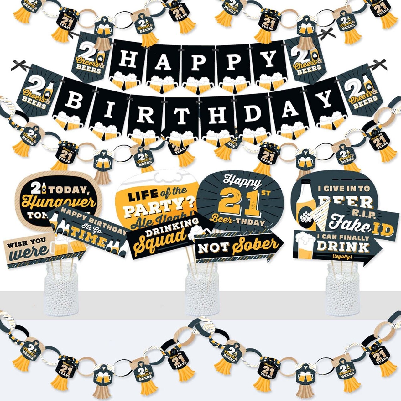 Big Dot of Happiness Cheers and Beers to 21 Years - Banner and Photo Booth Decorations - 21st Birthday Party Supplies Kit - Doterrific Bundle